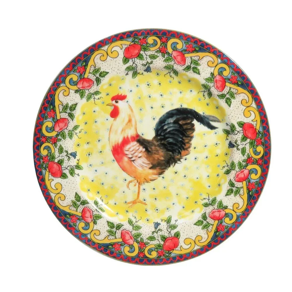 Set of 2 American Atelier Petite Provence 8 Inch Porcelain Rooster Salad Plates